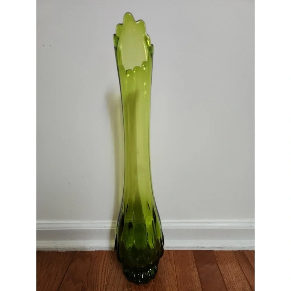 Green Glass Bud Vase with Scalloped Rim